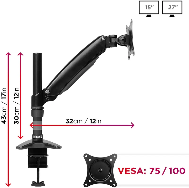 Duronic DM551X1 BK Braccio per un monitor da 15 a 27 pollici | Supporto per schermo singolo | Inclinabile e altezza facilmente regolabile | VESA 75 100 | Supporto monitor PC ergonomico con morsetto