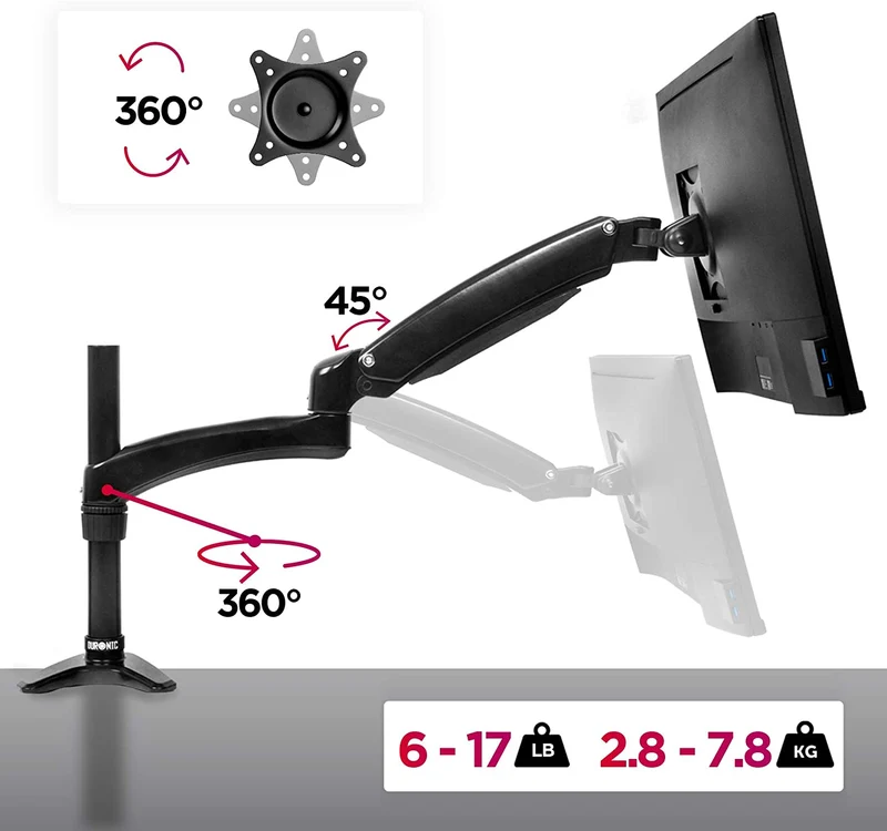 Duronic DM551X2 BK Braccio per un monitor da 15 a 27 pollici | Supporto per schermo singolo | Inclinabile e altezza facilmente regolabile | VESA 75 100 | Supporto monitor PC ergonomico con morsetto