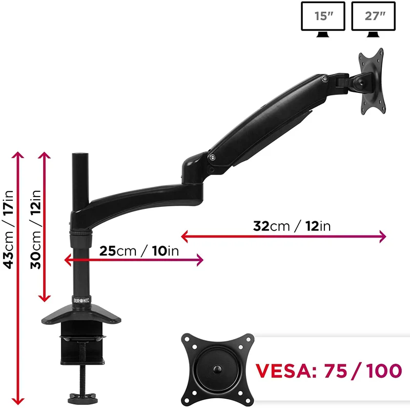 Duronic DM551X2 BK Braccio per un monitor da 15 a 27 pollici | Supporto per schermo singolo | Inclinabile e altezza facilmente regolabile | VESA 75 100 | Supporto monitor PC ergonomico con morsetto