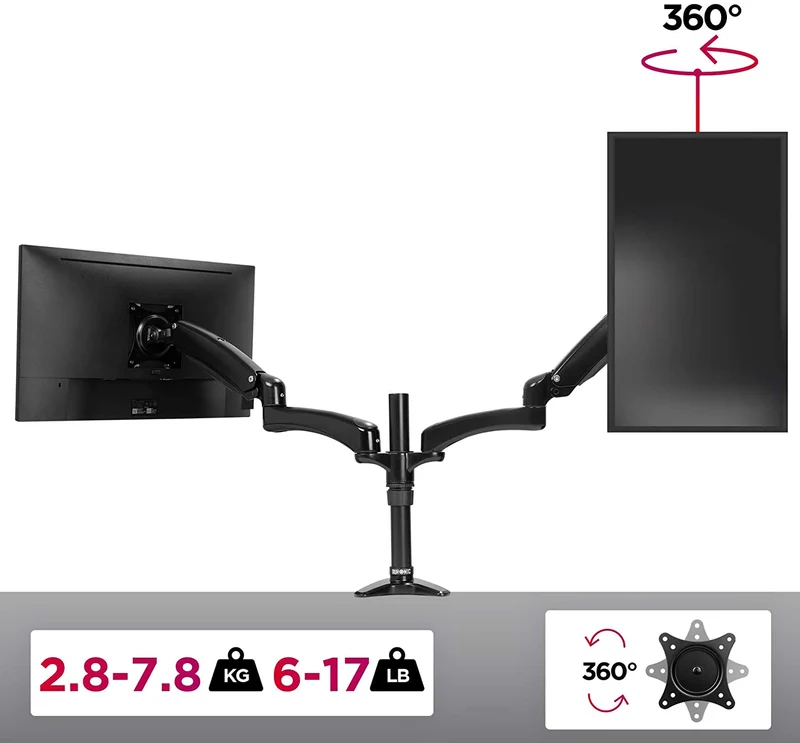 Duronic DM552 BK Supporto Monitor doppio per 2 schermi da 15-27 pollici, Braccio monitor PC ergonomico fino 8kg, VESA 75/100mm, regolabile altezza inclinazione girevole, per ufficio casa scuola, nero