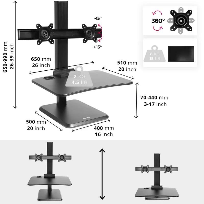 Duronic DM05D15 BK Postazione Lavoro  Altezza regolabile 7-44cm - Ampia Piattaforma 65-51cm - Portata 2kg  Scrivania ergonomica con supporto per 2 schermi - Lavorare in Piedi o seduti
