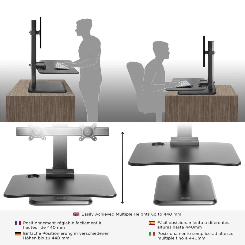 Duronic DM05D15 BK Postazione Lavoro  Altezza regolabile 7-44cm - Ampia Piattaforma 65-51cm - Portata 2kg  Scrivania ergonomica con supporto per 2 schermi - Lavorare in Piedi o seduti