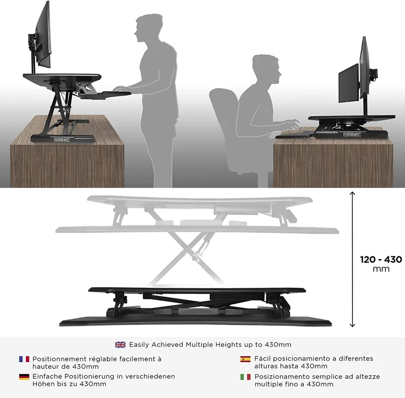 Duronic DM05D16 BK Postazione Lavoro  Altezza regolabile 12-43cm - Ampia Piattaforma 76-49cm - Portata 10kg  Scrivania ergonomica per Lavorare in Piedi con Supporto per Tastiera