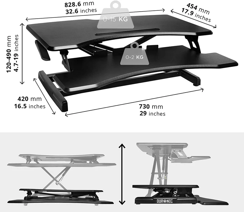 Duronic DM05D17 BK Postazione Lavoro  Altezza regolabile 12-49cm - Ampia Piattaforma 82-45cm - Portata 15kg  Scrivania ergonomica per Lavorare in Piedi con Supporto per Tastiera