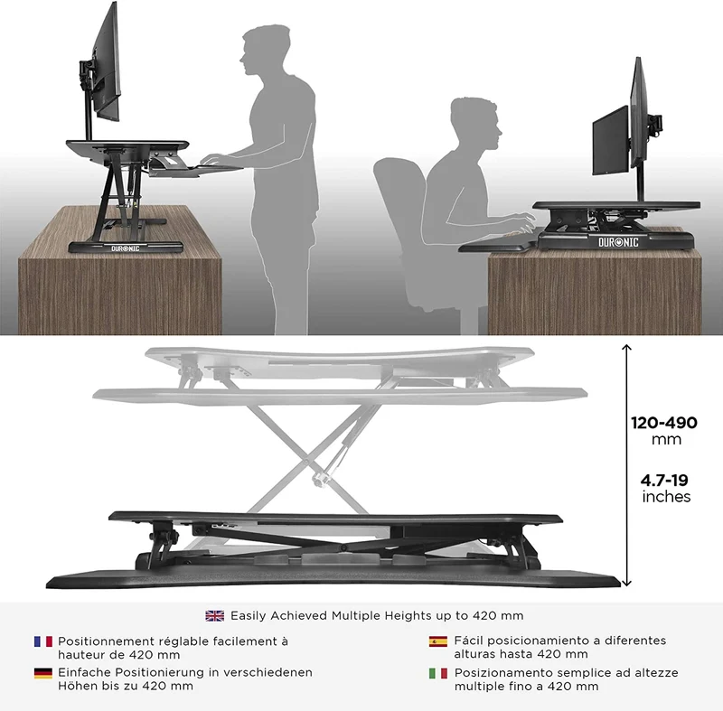 Duronic DM05D17 BK Postazione Lavoro  Altezza regolabile 12-49cm - Ampia Piattaforma 82-45cm - Portata 15kg  Scrivania ergonomica per Lavorare in Piedi con Supporto per Tastiera