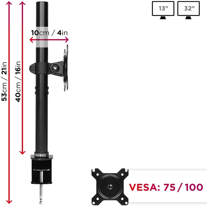 Duronic DM151X1 BK Supporto da scrivania per monitor 1332 | 8 kg per braccio | Altezza regolabile | Inclinazione -15°/+15°, rotazione 180°, rotazione 360°| VESA 75/100