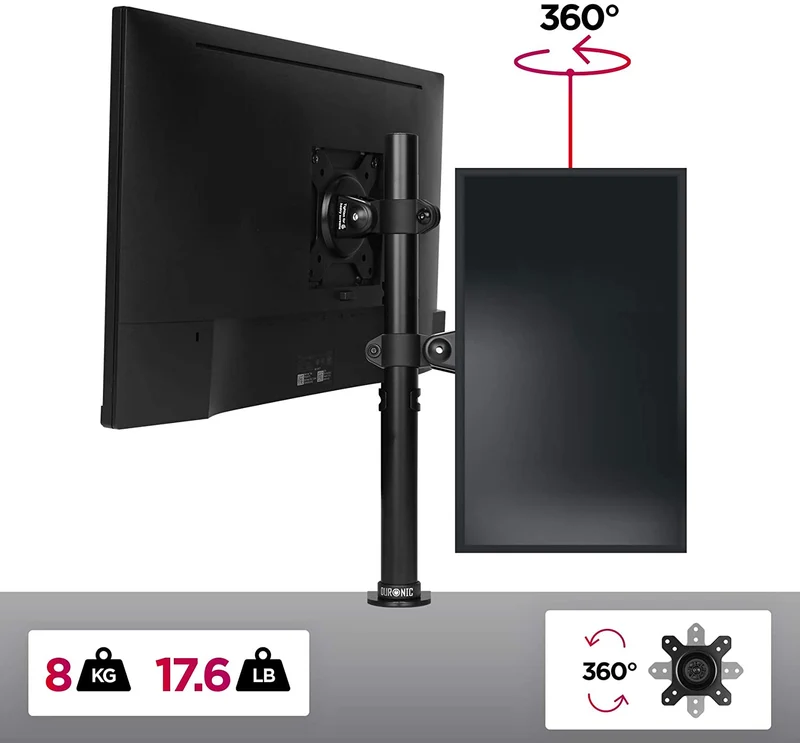 Duronic DM151X1 BK Supporto da scrivania per monitor 1332 | 8 kg per braccio | Altezza regolabile | Inclinazione -15°/+15°, rotazione 180°, rotazione 360°| VESA 75/100
