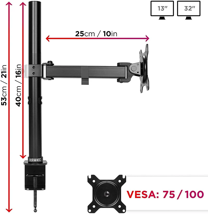 Duronic DM151X2 BK Supporto da scrivania per monitor 1332 | 8 kg con braccio estensore | Altezza regolabile | Inclinazione -15°/+15°, rotazione 180°, rotazione 360°| VESA 75/100