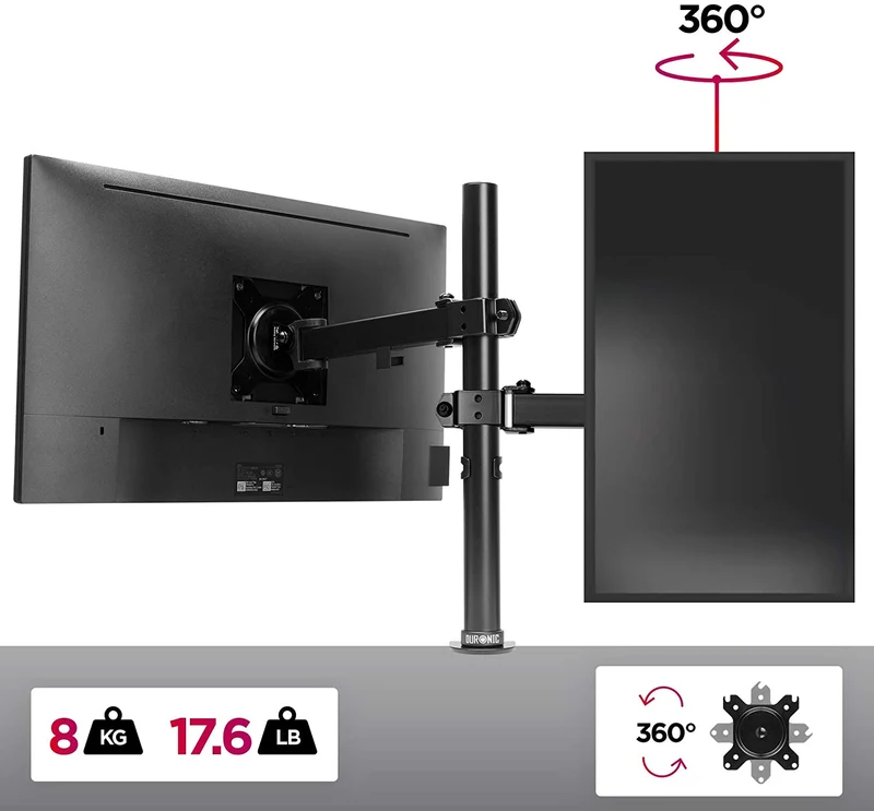 Duronic DM151X2 BK Supporto da scrivania per monitor 1332 | 8 kg con braccio estensore | Altezza regolabile | Inclinazione -15°/+15°, rotazione 180°, rotazione 360°| VESA 75/100