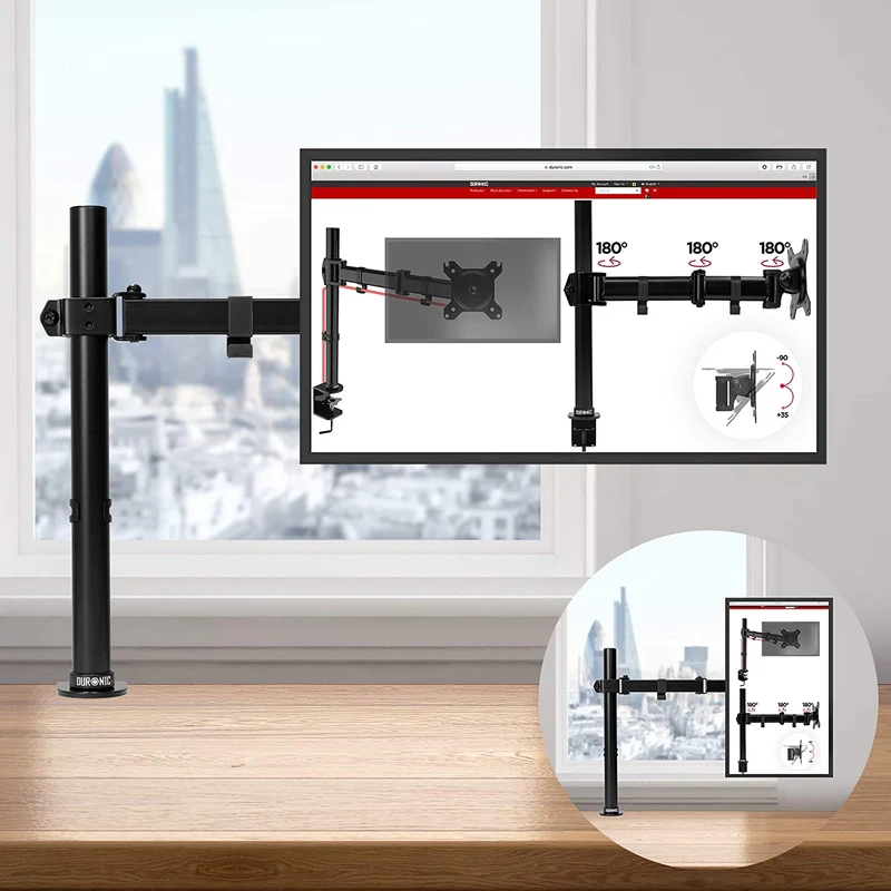 Duronic DM151X3 BK Supporto da scrivania per monitor 1332 | 8 kg con braccio estensore | Altezza regolabile | Inclinazione -15°/+15°, rotazione 180°, rotazione 360°| VESA 75/100