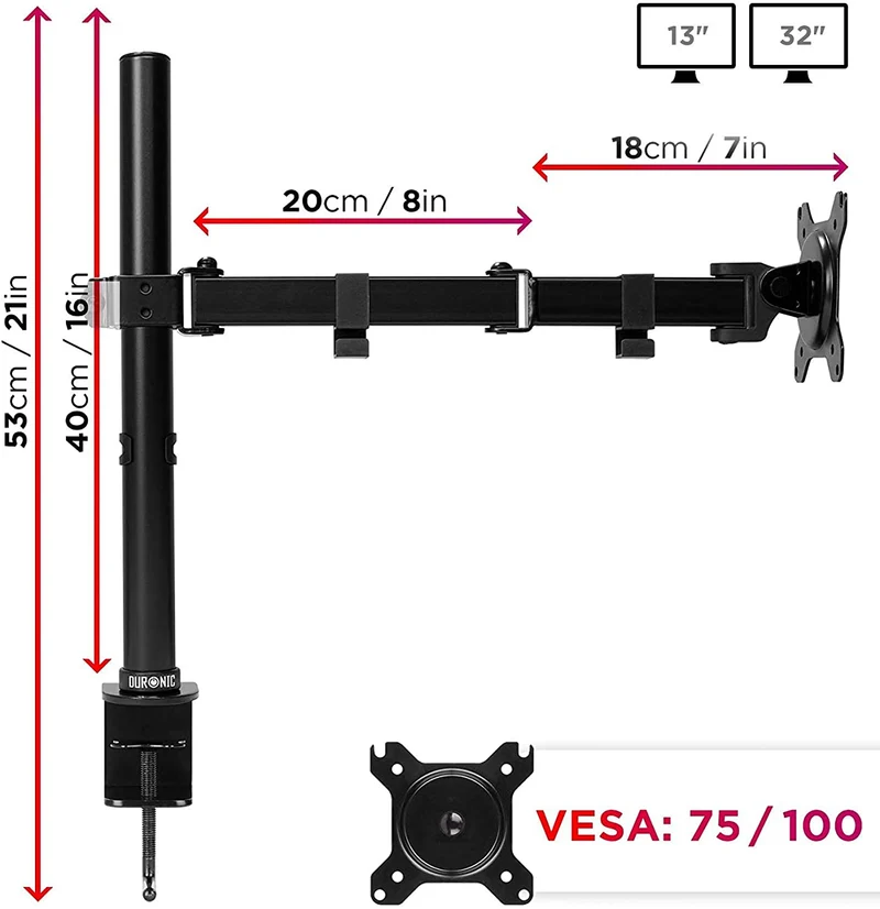 Duronic DM151X3 BK Supporto da scrivania per monitor 1332 | 8 kg con braccio estensore | Altezza regolabile | Inclinazione -15°/+15°, rotazione 180°, rotazione 360°| VESA 75/100