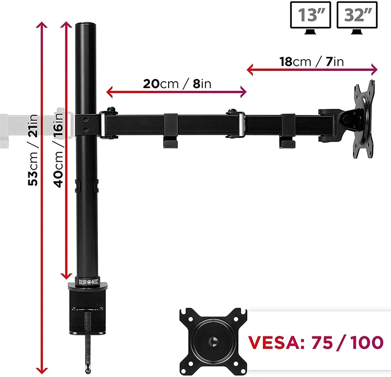 Duronic DM152 BK Supporto scrivania per 2 monitor 13-27 | 8 kg per braccio | Altezza regolabile | Inclinazione -15°/+15°, rotazione 180°, rotazione 360°| VESA 75/100