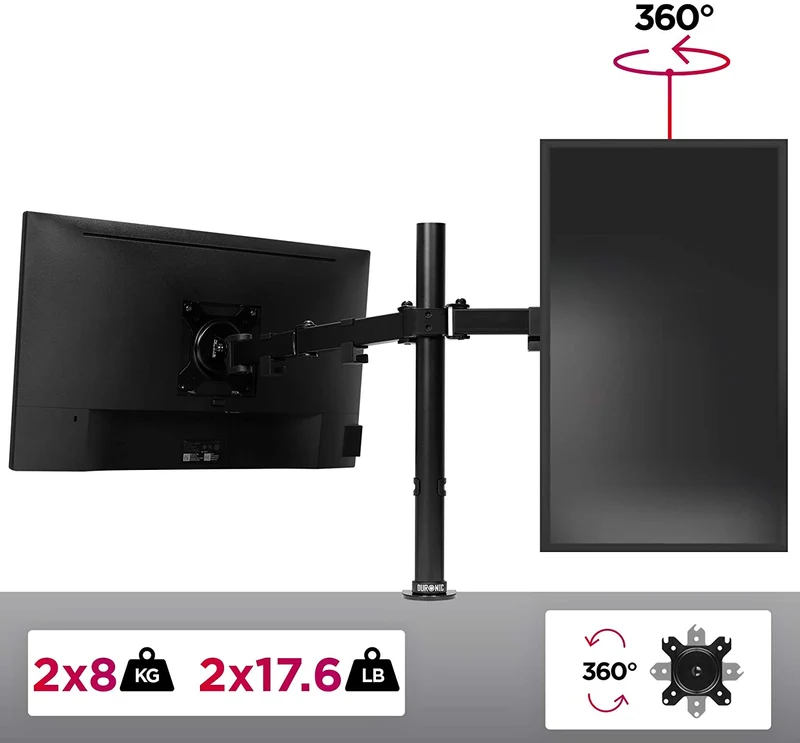 Duronic DM152 BK Supporto scrivania per 2 monitor 13-27 | 8 kg per braccio | Altezza regolabile | Inclinazione -15°/+15°, rotazione 180°, rotazione 360°| VESA 75/100