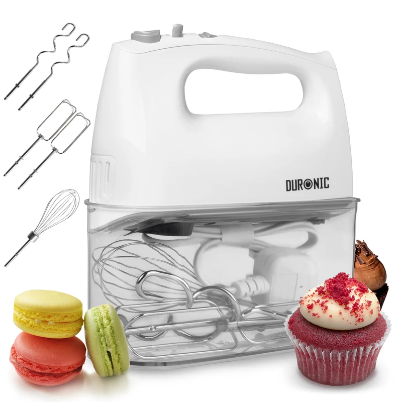 Duronic HM4 WE Sbattitore elettrico 400 W, Mixer 5 velocità e funzione turbo, Frusta elettrica con contenitore per accessori, 2 sbattitori 2 ganci e 1 frusta in acciaio INOX, Nero, Leggero