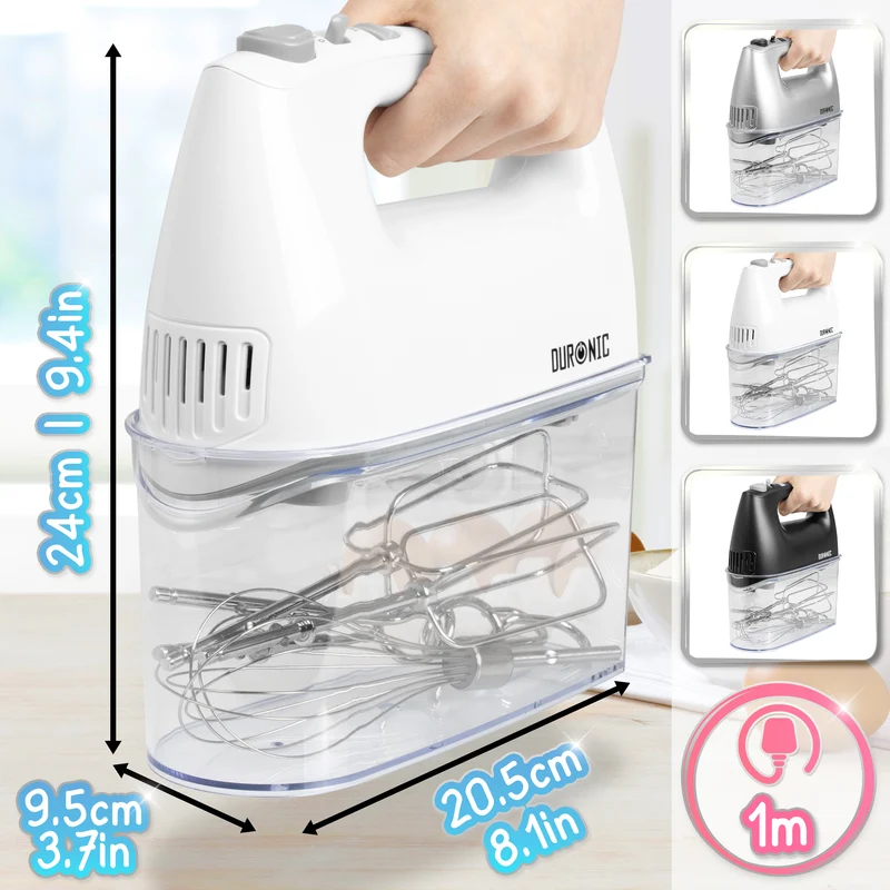 Duronic HM4 WE Sbattitore elettrico 400 W, Mixer 5 velocità e funzione turbo, Frusta elettrica con contenitore per accessori, 2 sbattitori 2 ganci e 1 frusta in acciaio INOX, Nero, Leggero