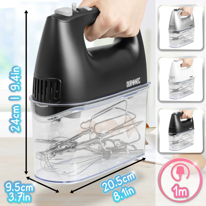 Duronic HM4 BK Sbattitore elettrico 400 W, Mixer 5 velocità e funzione turbo, Frusta elettrica con contenitore per accessori, 2 sbattitori 2 ganci e 1 frusta in acciaio INOX, Nero, Leggero