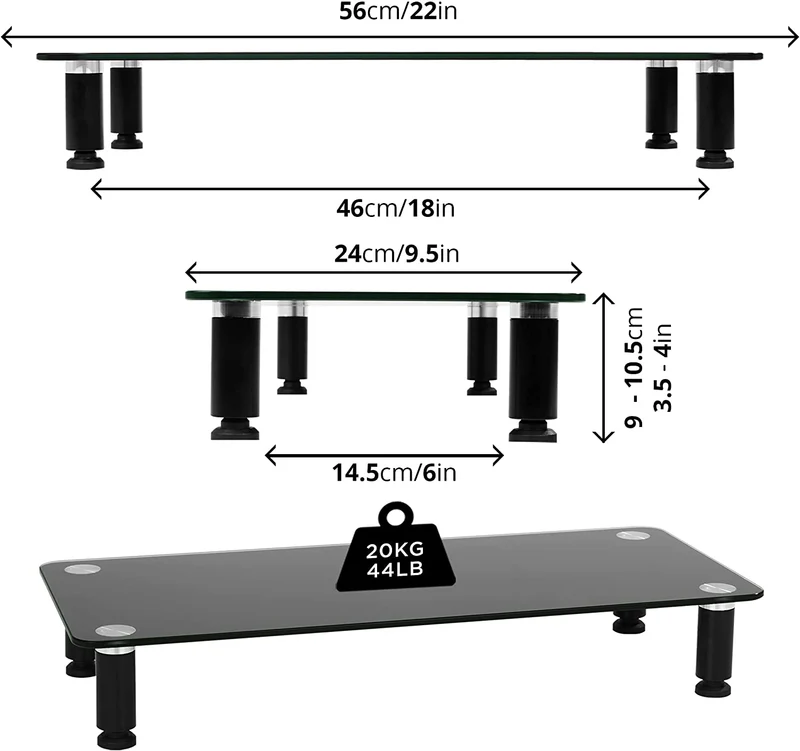 Duronic DM052-2 Supporto monitor scrivania dimensioni 56 x 24 cm - Supporto da tavolo regolabile per monitor e Laptop - Vetro temperato nero - Capacità 20kg - Mensola ergonomica per scrivania