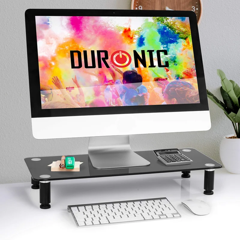 Duronic DM052-2 Supporto monitor scrivania dimensioni 56 x 24 cm - Supporto da tavolo regolabile per monitor e Laptop - Vetro temperato nero - Capacità 20kg - Mensola ergonomica per scrivania