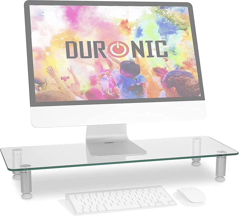 Duronic DM052-1 Supporto monitor scrivania dimensioni 56 x 24 cm - Supporto da tavolo regolabile per monitor e Laptop - Vetro temperato - Capacità 20kg - Mensola ergonomica per scrivania