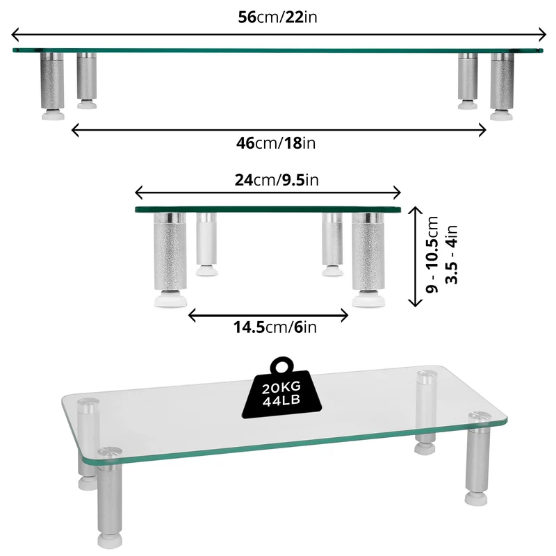 Duronic DM052-1 Supporto monitor scrivania dimensioni 56 x 24 cm - Supporto da tavolo regolabile per monitor e Laptop - Vetro temperato - Capacità 20kg - Mensola ergonomica per scrivania