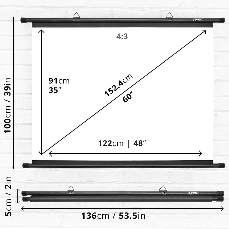 Duronic BPS60 4:3 Telo Proiettore 60 pollici, Schermo per proiettore, Telo da proiezione interno esterno, Home theater cinema Full HD 3D 4K, Schermo di proiezione anti pieghe per casa ufficio scuola