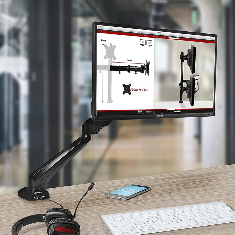 Duronic DMUSB5X1 Supporto da scrivania monitor 15  27 staffa schermo con braccio estensore regolazione a gas presa jack e USB alla base VESA MAX 100 x 100mm struttura in acciaio INOX portata 8kg