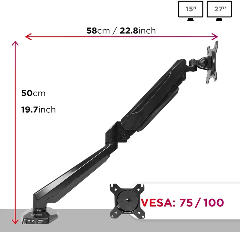Duronic DMUSB5X1 Supporto da scrivania monitor 15  27 staffa schermo con braccio estensore regolazione a gas presa jack e USB alla base VESA MAX 100 x 100mm struttura in acciaio INOX portata 8kg