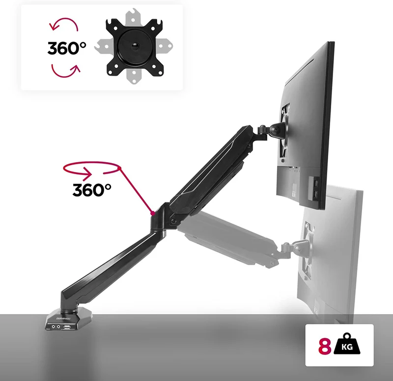 Duronic DMUSB5X1 Supporto da scrivania monitor 15  27 staffa schermo con braccio estensore regolazione a gas presa jack e USB alla base VESA MAX 100 x 100mm struttura in acciaio INOX portata 8kg