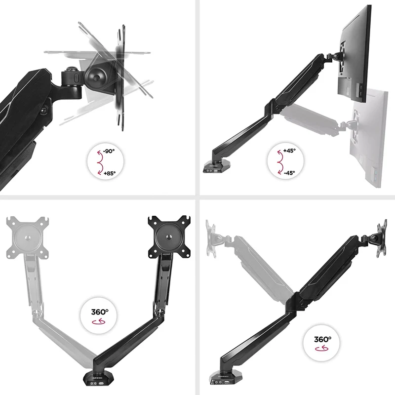 Duronic DMUSB5X1 Supporto da scrivania monitor 15  27 staffa schermo con braccio estensore regolazione a gas presa jack e USB alla base VESA MAX 100 x 100mm struttura in acciaio INOX portata 8kg