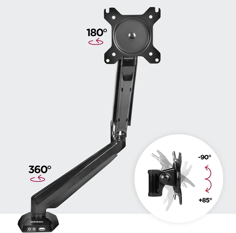 Duronic DMUSB5X1 Supporto da scrivania monitor 15  27 staffa schermo con braccio estensore regolazione a gas presa jack e USB alla base VESA MAX 100 x 100mm struttura in acciaio INOX portata 8kg