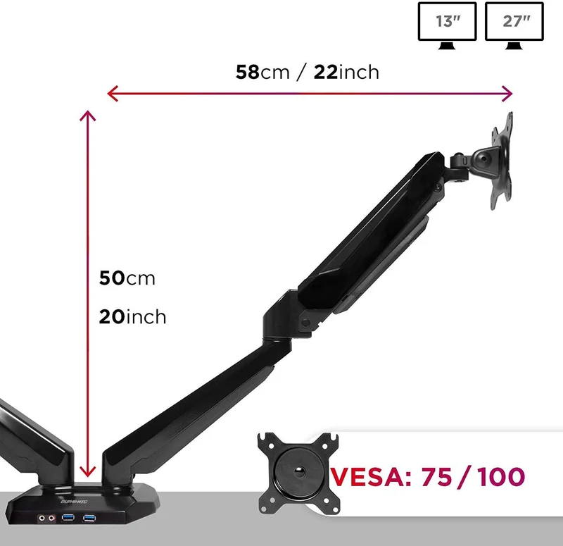 Duronic DMUSB5X2 Supporto monitor per 2 schermi 13 - 27  8 kg per braccio  Altezza regolabile fino a 50cm  Inclinazione schermo -90°/+85° - Bracci con molla a gas  base con presa Jack/USB  Supporto schermi resistente in alluminio
