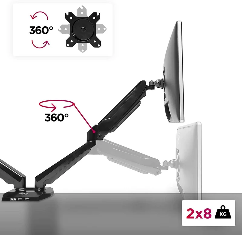 Duronic DMUSB5X2 Supporto monitor per 2 schermi 13 - 27  8 kg per braccio  Altezza regolabile fino a 50cm  Inclinazione schermo -90°/+85° - Bracci con molla a gas  base con presa Jack/USB  Supporto schermi resistente in alluminio