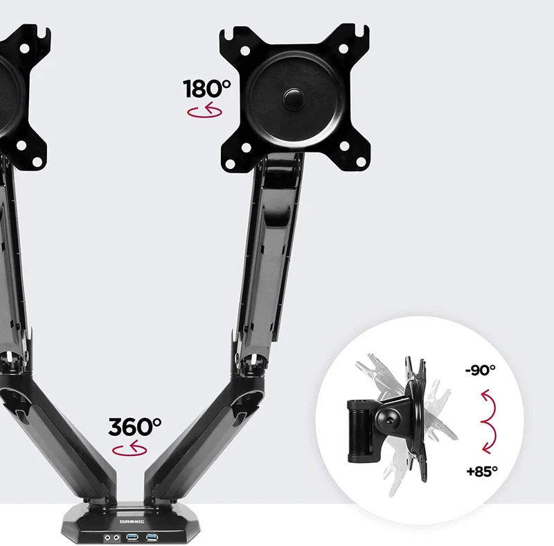 Duronic DMUSB5X2 Supporto monitor per 2 schermi 13 - 27  8 kg per braccio  Altezza regolabile fino a 50cm  Inclinazione schermo -90°/+85° - Bracci con molla a gas  base con presa Jack/USB  Supporto schermi resistente in alluminio