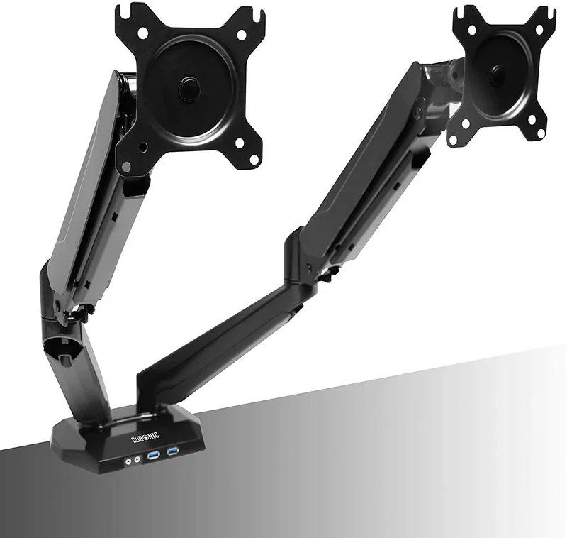 Duronic DMUSB5X2 Supporto monitor per 2 schermi 13 - 27  8 kg per braccio  Altezza regolabile fino a 50cm  Inclinazione schermo -90°/+85° - Bracci con molla a gas  base con presa Jack/USB  Supporto schermi resistente in alluminio