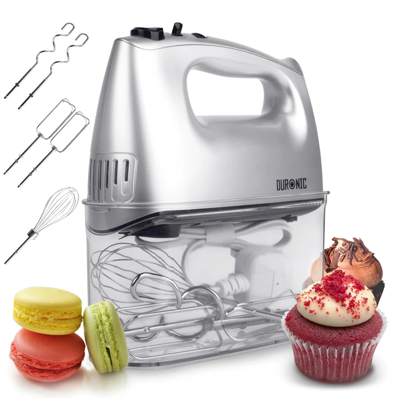 Duronic HM4 SR Sbattitore elettrico 400 W, Mixer 5 velocità e funzione turbo, Frusta elettrica con contenitore per accessori, 2 sbattitori 2 ganci e 1 frusta in acciaio INOX, Nero, Leggero