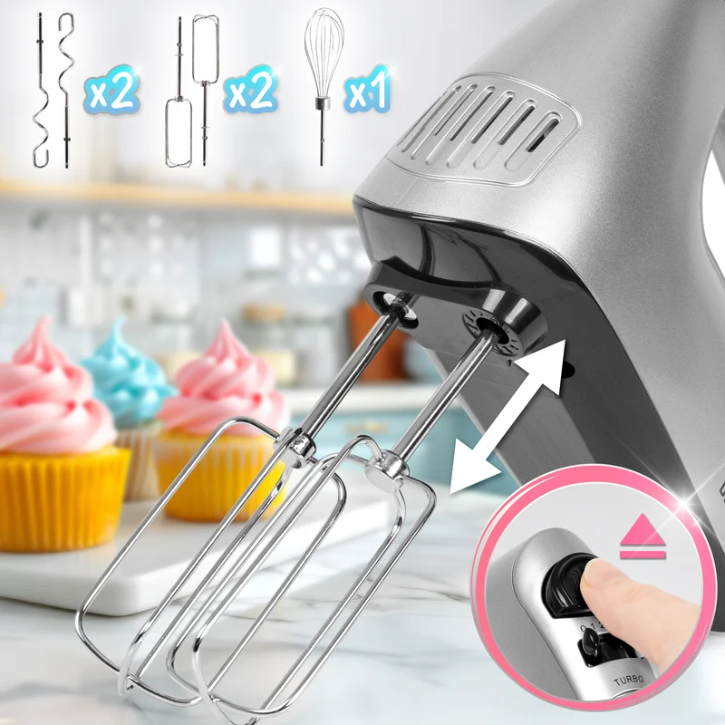 Duronic HM4 SR Sbattitore elettrico 400 W, Mixer 5 velocità e funzione turbo, Frusta elettrica con contenitore per accessori, 2 sbattitori 2 ganci e 1 frusta in acciaio INOX, Nero, Leggero