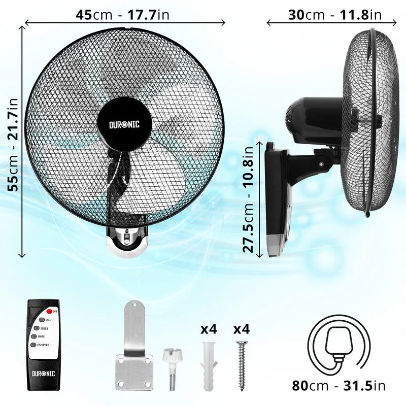 Duronic FN55 BK Ventilatore da Parete 60 W, 3 velocità con Telecomando, 5 Pale Ultra Silenzioso con Timer Fino a 4h, Ventola oscillante, Fissaggio a Muro con Montaggio e smontaggio rapido Nero
