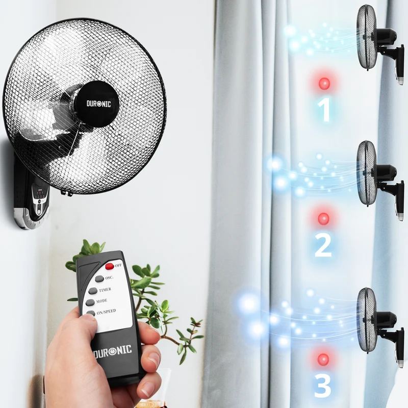 Duronic FN55 BK Ventilatore da Parete 60 W, 3 velocità con Telecomando, 5 Pale Ultra Silenzioso con Timer Fino a 4h, Ventola oscillante, Fissaggio a Muro con Montaggio e smontaggio rapido Nero