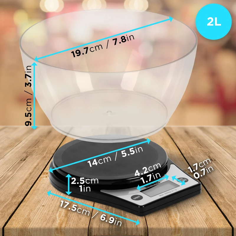 Duronic KS6000 BK Bilancia da cucina - Bilancia ad alta precisione con display digitale retro illuminato - Portata 1g / 5 kg con ciotola da 2L - Piattaforma nera - Funzione Tara