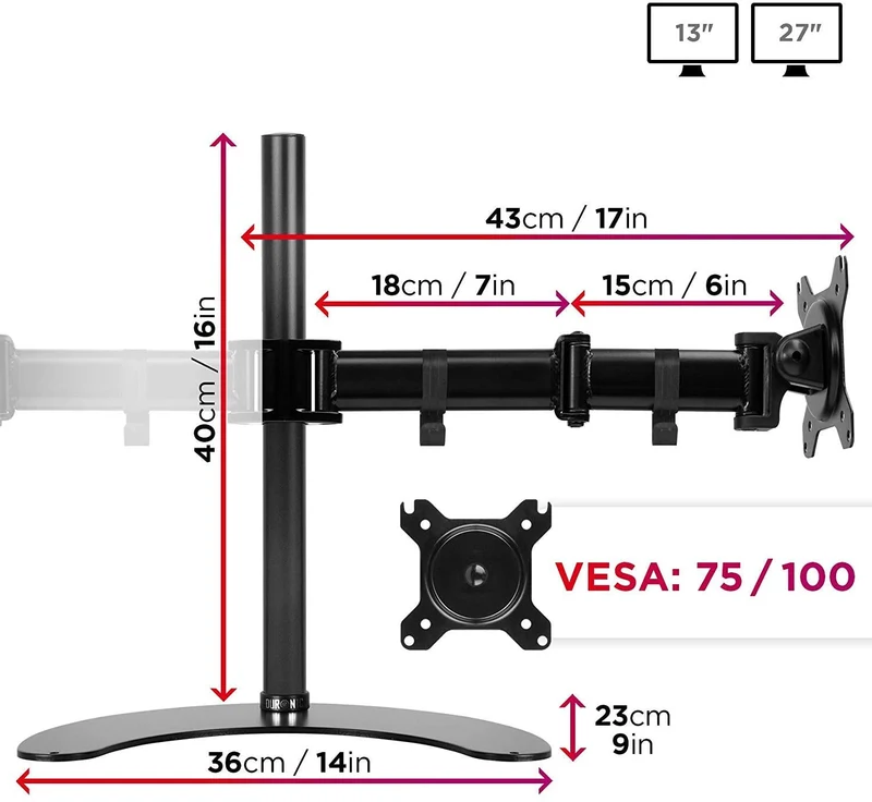 Duronic DM25D1 BK Braccio per un monitor da 13 a 27 pollici con piedistallo | Inclinazione e altezza regolabile | VESA 75 100 | Supporto monitor ergonomico per PC con base | Supporto schermi nero
