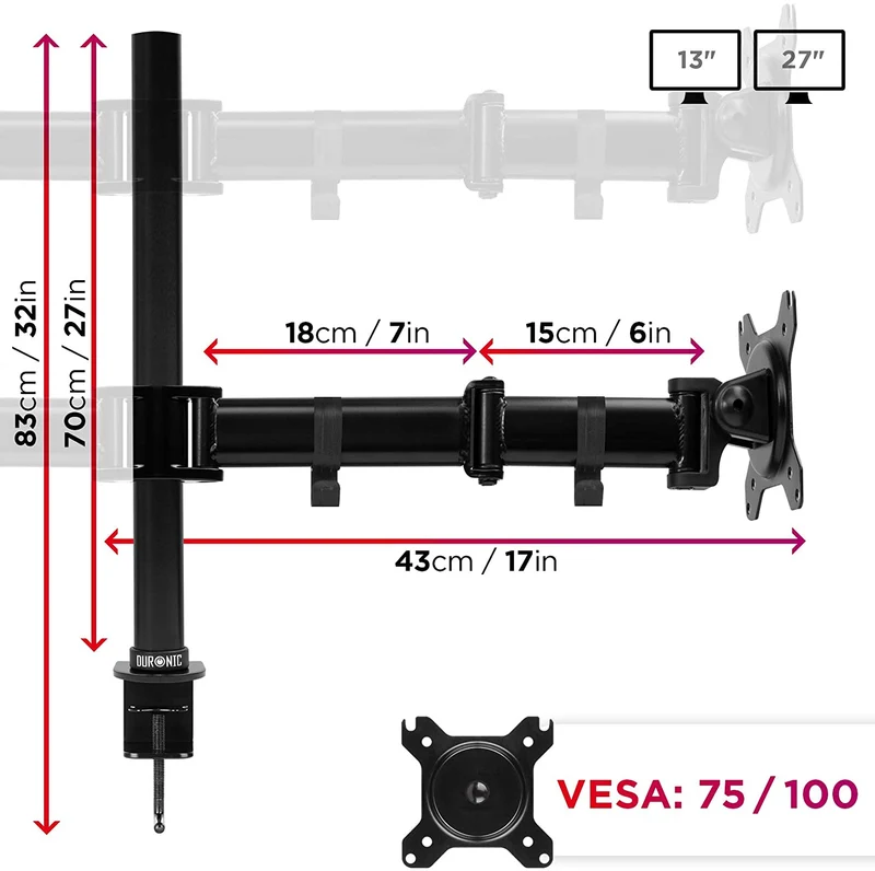 Duronic DM254 BK Braccio per 4 monitor da 13 a 27 pollici | Inclinazione e altezza regolabile | VESA 75 100 | Supporto monitor ergonomico doppio articolato per PC e morsetto | Supporto schermi nero