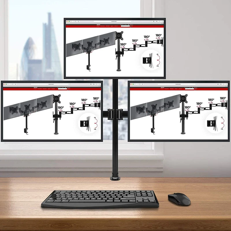 Duronic DM253 BK Braccio per 3 monitor da 13 a 27 pollici | Supporto schermi triplo | Inclinazione e altezza regolabile | VESA 75 100 | Supporto monitor ergonomico doppio articolato per PC e morsetto