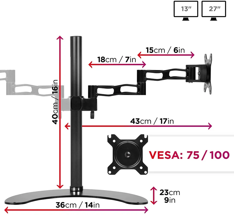 Duronic DM35D2 BK Supporto Monitor doppio per 2 schermi da 13-27 pollici, Braccio monitor PC ergonomico fino 8kg, VESA 75/100mm, regolabile altezza inclinazione girevole, per ufficio casa scuola, nero