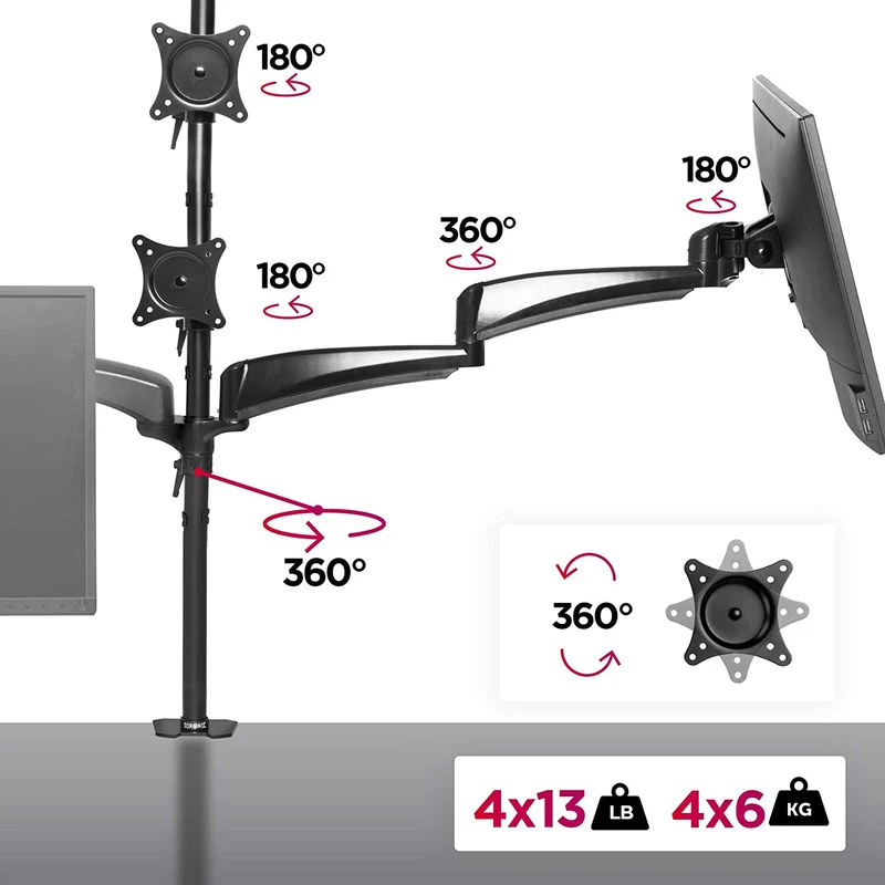 Duronic DM453VX1 Braccio per 4 monitor da 13 a 27 pollici | Supporto schermi quadruplo| Inclinazione e altezza regolabile | VESA 75 100 | Supporto monitor ergonomico doppio articolato | Gestione cavi