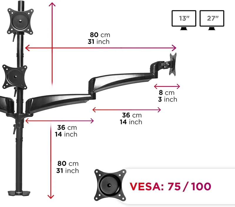 Duronic DM453VX1 Braccio per 4 monitor da 13 a 27 pollici | Supporto schermi quadruplo| Inclinazione e altezza regolabile | VESA 75 100 | Supporto monitor ergonomico doppio articolato | Gestione cavi