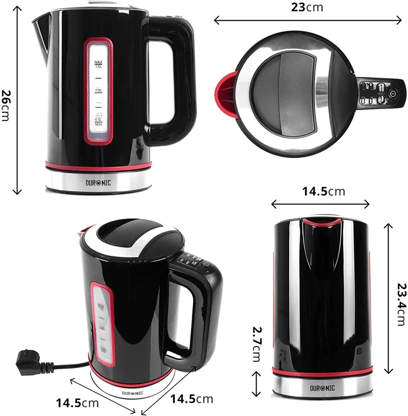 Duronic EK30 BK Bollitore acqua elettrico 2200W | Capacità 1,5 L | Temperatura regolabile da 40°C a 100°C | Spegnimento automatico | Funzione mantenimento temperatura | Per Acqua Tè Tisane Caffè