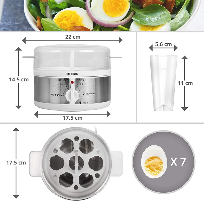 Duronic EB35 WE Cuociuova elettrico 350W Cuoci uova fino a 7 uova Bollitore uova per uova Sode Medie Alla coque Cuocitore di Uova con 2 vassoi per Frittata e uovo in camicia Omelet maker Egg cooker