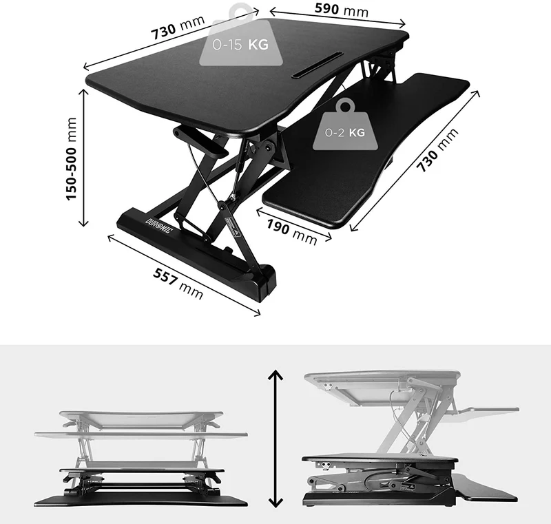Duronic DM05D3 BK Postazione Lavoro  Altezza regolabile 15-50cm - Ampia Piattaforma 73x59cm - Portata 15kg  Scrivania ergonomica per Lavorare in Piedi con Supporto per Tastiera