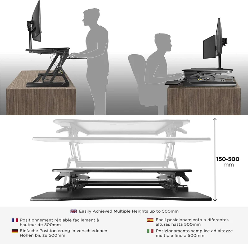 Duronic DM05D3 BK Postazione Lavoro  Altezza regolabile 15-50cm - Ampia Piattaforma 73x59cm - Portata 15kg  Scrivania ergonomica per Lavorare in Piedi con Supporto per Tastiera