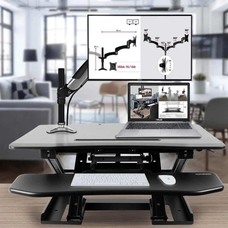 Duronic DM05D6 BK Postazione da lavoro per computer con ampia piattaforma 80 cm scrivania ufficio per pc monitor tastiera  altezza regolabile da 11 a 43 cm  compatibile con supporti monitor